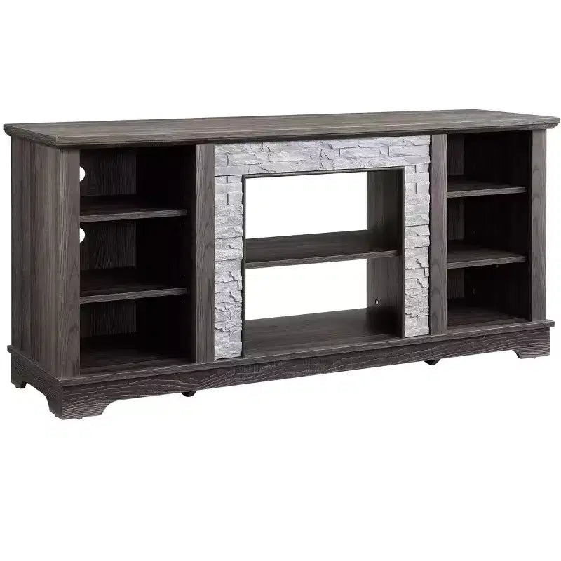 Meuble TV TUYOHW pour téléviseurs jusqu'à 65 pouces, console multimédia de style ferme avec contours en fausse pierre empilée et étagères ouvertes