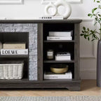 Meuble TV TUYOHW pour téléviseurs jusqu'à 65 pouces, console multimédia de style ferme avec contours en fausse pierre empilée et étagères ouvertes
