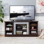 Meuble TV TUYOHW pour téléviseurs jusqu'à 65 pouces, console multimédia de style ferme avec contours en fausse pierre empilée et étagères ouvertes