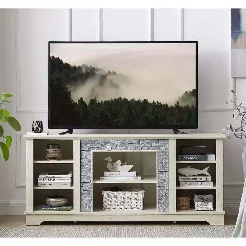Meuble TV TUYOHW pour téléviseurs jusqu'à 65 pouces, console multimédia de style ferme avec contours en fausse pierre empilée et étagères ouvertes