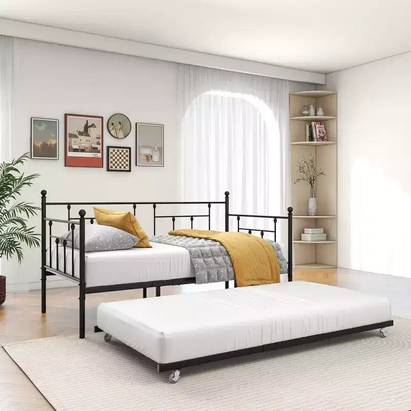 MAYEERTY Twin Size Metal Daybed with Trundle, 2-in-1 Sofa Bed, Space-Saving for Guest Room & Living Room, Black
