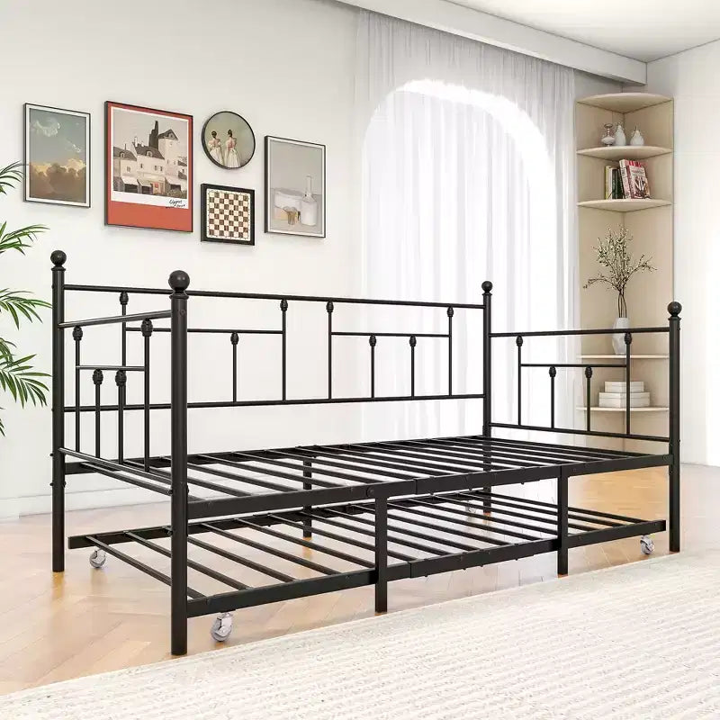 MAYEERTY Lit de Repos Métallique Double avec Lit Gigogne, Canapé-Lit 2 en 1, Gain de Place pour Chambre d'Amis et Salon, Noir