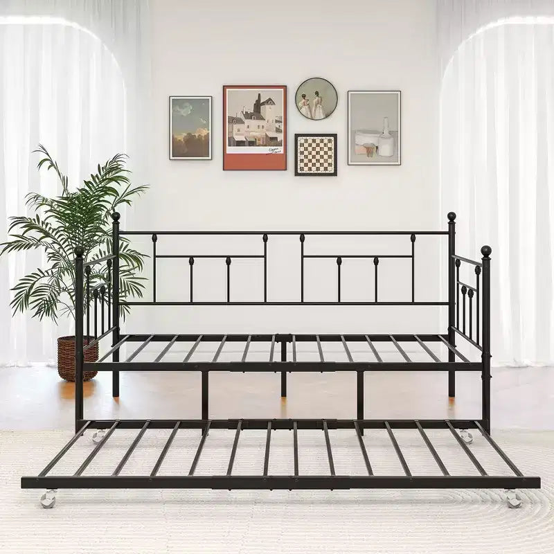 MAYEERTY Lit de Repos Métallique Double avec Lit Gigogne, Canapé-Lit 2 en 1, Gain de Place pour Chambre d'Amis et Salon, Noir