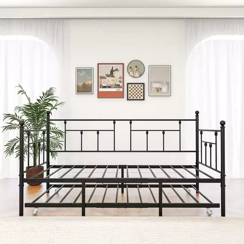 MAYEERTY Lit de Repos Métallique Double avec Lit Gigogne, Canapé-Lit 2 en 1, Gain de Place pour Chambre d'Amis et Salon, Noir