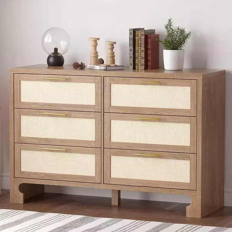 COZONY 6 Drawer Double Dresser with Burlap Design, Wooden Chest with Gold Handles