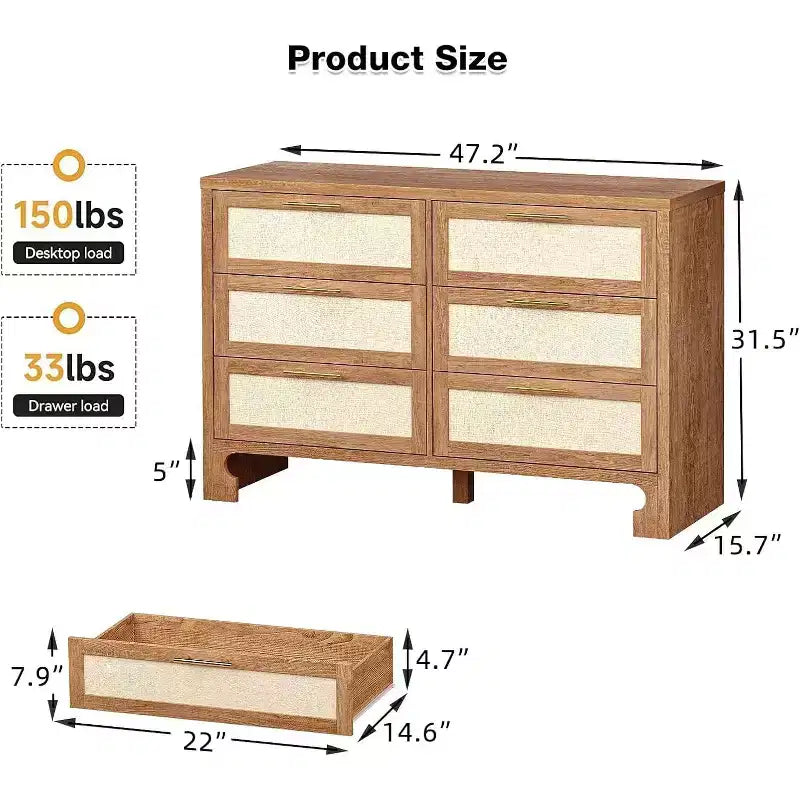 Commode double à 6 tiroirs COZONY avec motif en toile de jute et poignées dorées