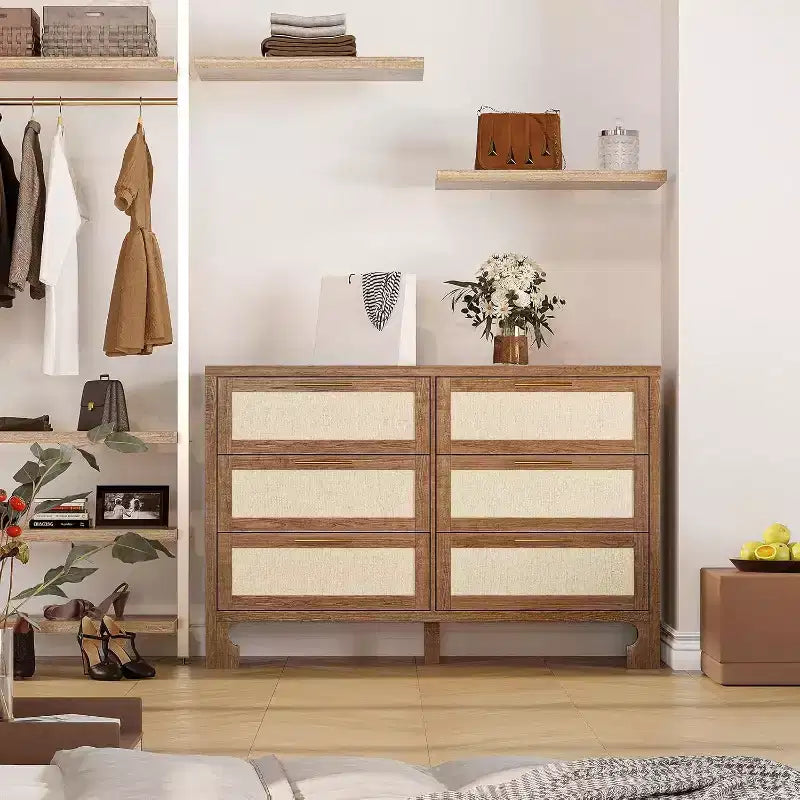 Commode double à 6 tiroirs COZONY avec motif en toile de jute et poignées dorées