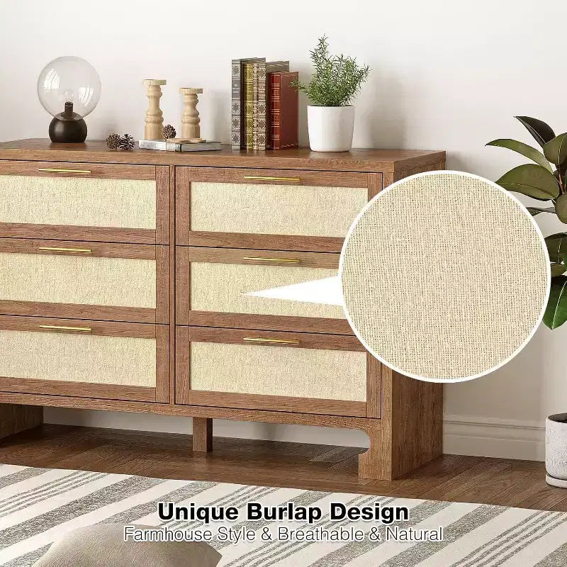 Commode double à 6 tiroirs COZONY avec motif en toile de jute et poignées dorées
