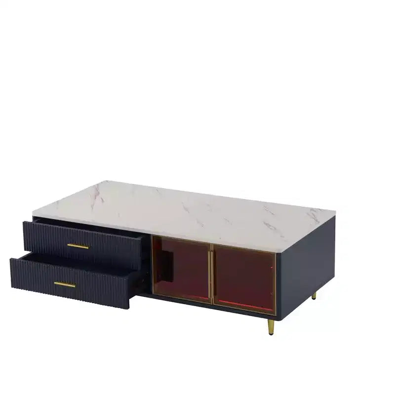 Table basse moderne avec portes en verre, 4 tiroirs, éclairage multicolore et pieds en métal, table centrale rectangulaire pour salon