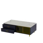 Table basse moderne avec portes en verre, 4 tiroirs, éclairage multicolore et pieds en métal, table centrale rectangulaire pour salon
