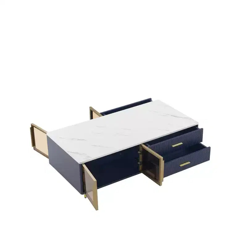 Table basse moderne avec portes en verre, 4 tiroirs, éclairage multicolore et pieds en métal, table centrale rectangulaire pour salon