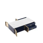 Table basse moderne avec portes en verre, 4 tiroirs, éclairage multicolore et pieds en métal, table centrale rectangulaire pour salon