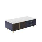 Table basse moderne avec portes en verre, 4 tiroirs, éclairage multicolore et pieds en métal, table centrale rectangulaire pour salon