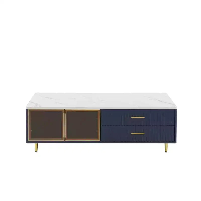 Table basse moderne avec portes en verre, 4 tiroirs, éclairage multicolore et pieds en métal, table centrale rectangulaire pour salon