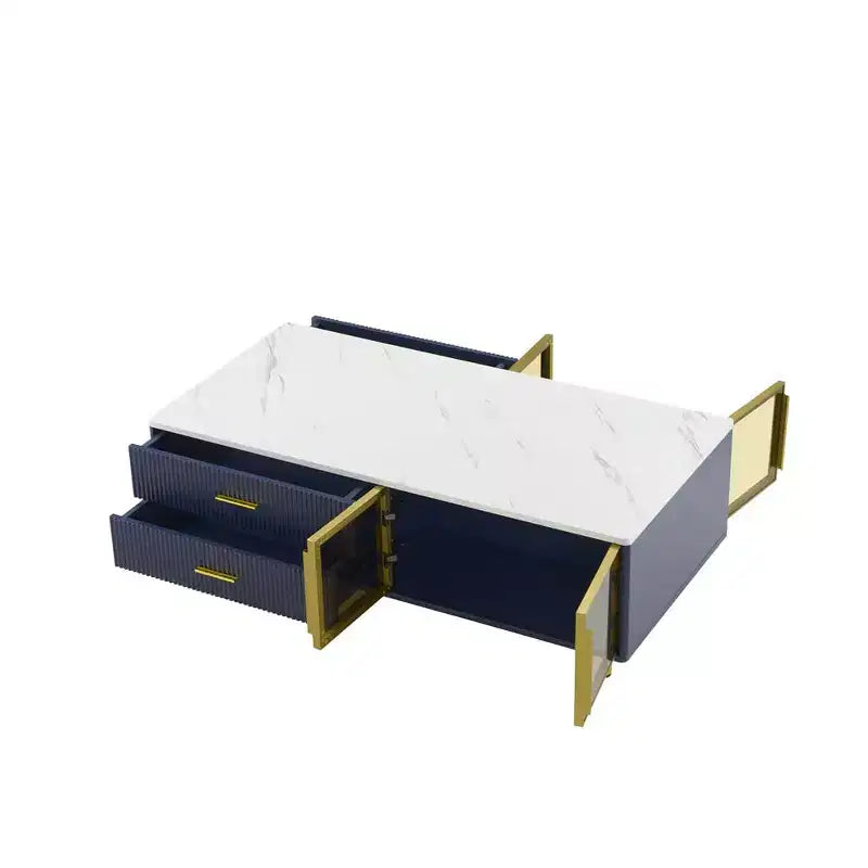 Table basse moderne avec portes en verre, 4 tiroirs, éclairage multicolore et pieds en métal, table centrale rectangulaire pour salon