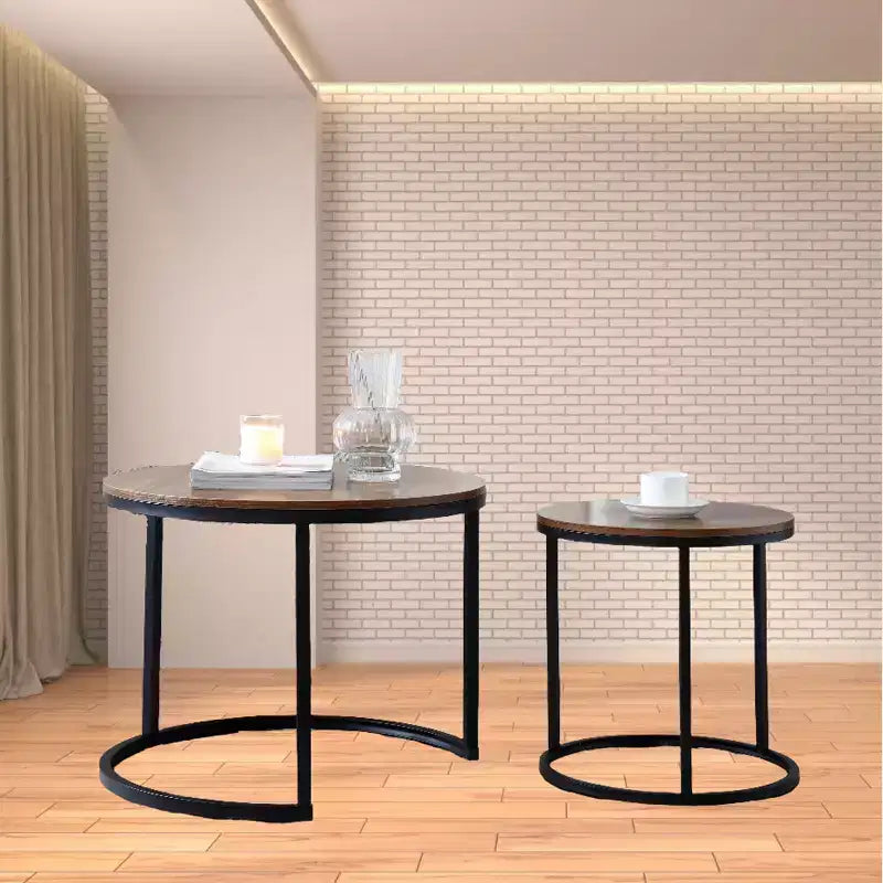 Tables gigognes rondes, lot de 2, tables d'appoint modernes amovibles avec plateau en bois et cadre en métal, tables d'appoint industrielles empilables pour salon
