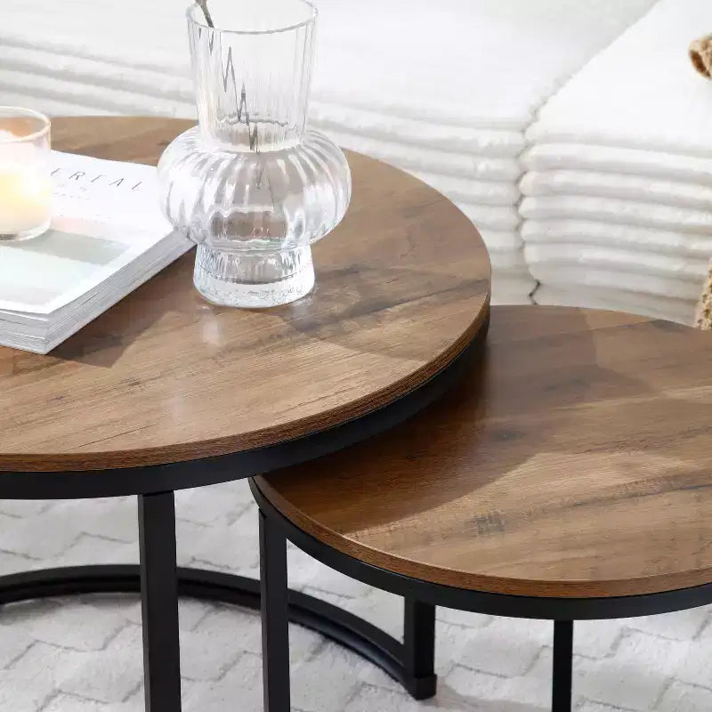 Tables gigognes rondes, lot de 2, tables d'appoint modernes amovibles avec plateau en bois et cadre en métal, tables d'appoint industrielles empilables pour salon