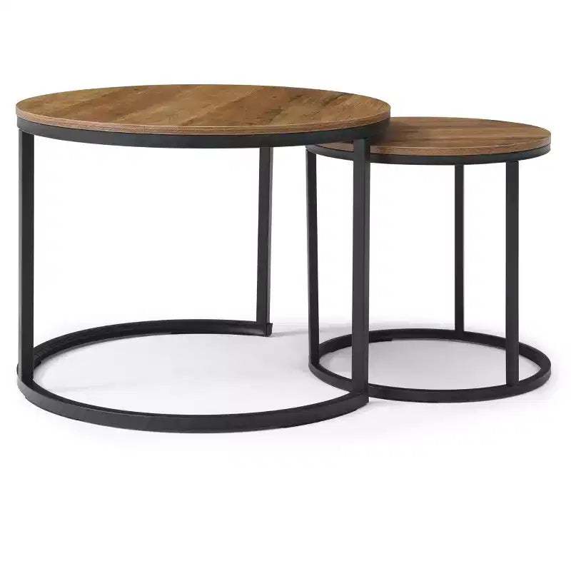 Tables gigognes rondes, lot de 2, tables d'appoint modernes amovibles avec plateau en bois et cadre en métal, tables d'appoint industrielles empilables pour salon