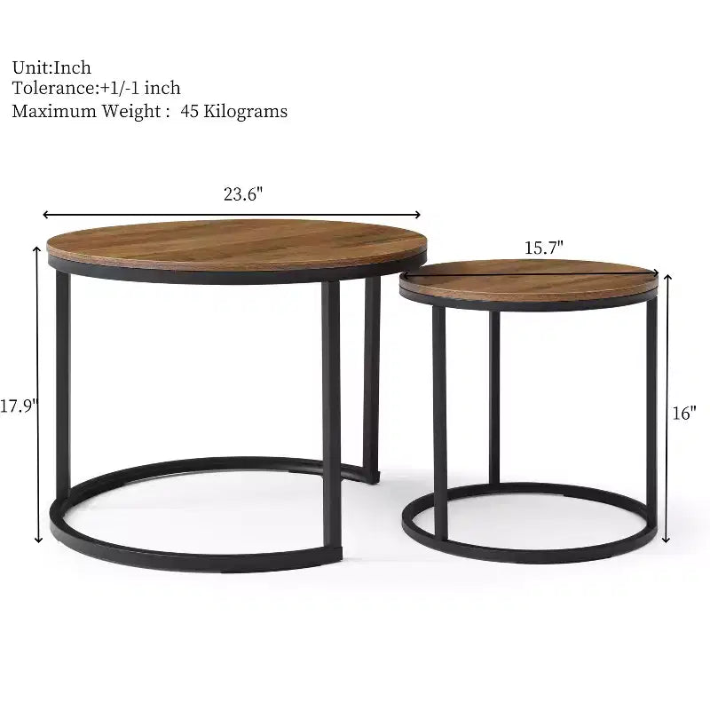 Tables gigognes rondes, lot de 2, tables d'appoint modernes amovibles avec plateau en bois et cadre en métal, tables d'appoint industrielles empilables pour salon