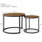 Tables gigognes rondes, lot de 2, tables d'appoint modernes amovibles avec plateau en bois et cadre en métal, tables d'appoint industrielles empilables pour salon