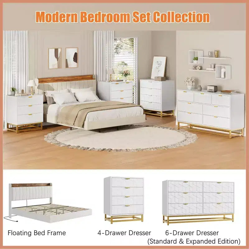 COZONY Commode moderne à 6 tiroirs avec poignées dorées, double commode de rangement large pour salon, chambre et couloir