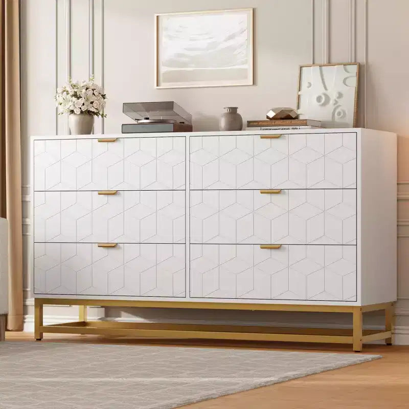 COZONY Commode moderne à 6 tiroirs avec poignées dorées, double commode de rangement large pour salon, chambre et couloir