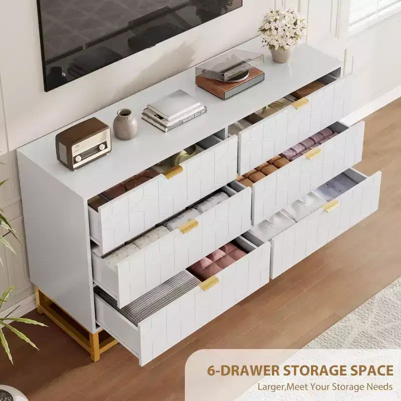 COZONY Commode moderne à 6 tiroirs avec poignées dorées, double commode de rangement large pour salon, chambre et couloir