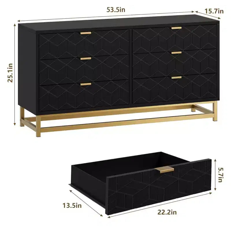 COZONY Commode moderne à 6 tiroirs avec poignées dorées, double commode de rangement large pour salon, chambre et couloir