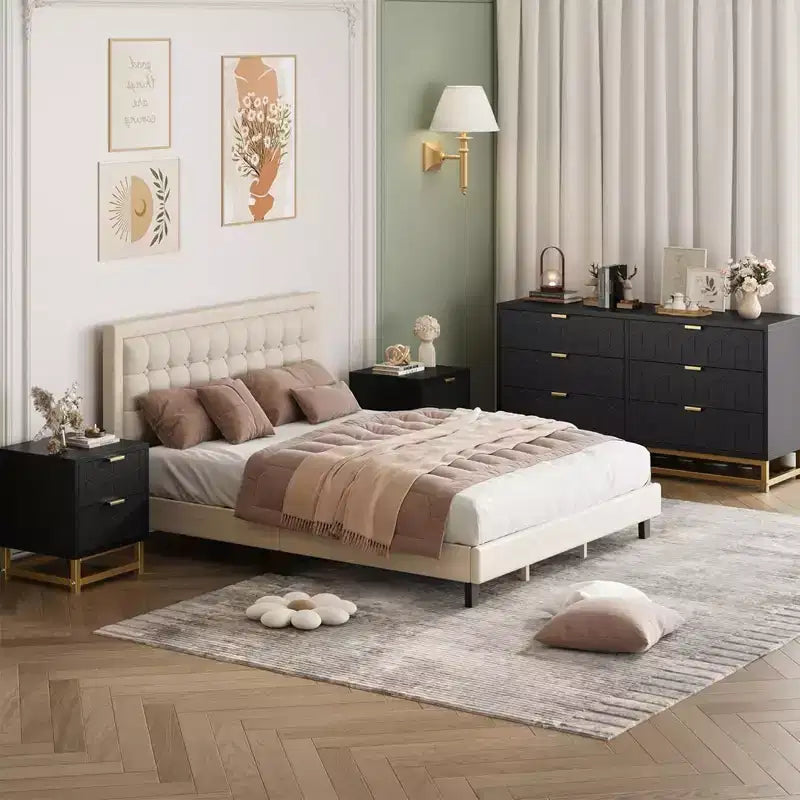 COZONY Commode moderne à 6 tiroirs avec poignées dorées, double commode de rangement large pour salon, chambre et couloir