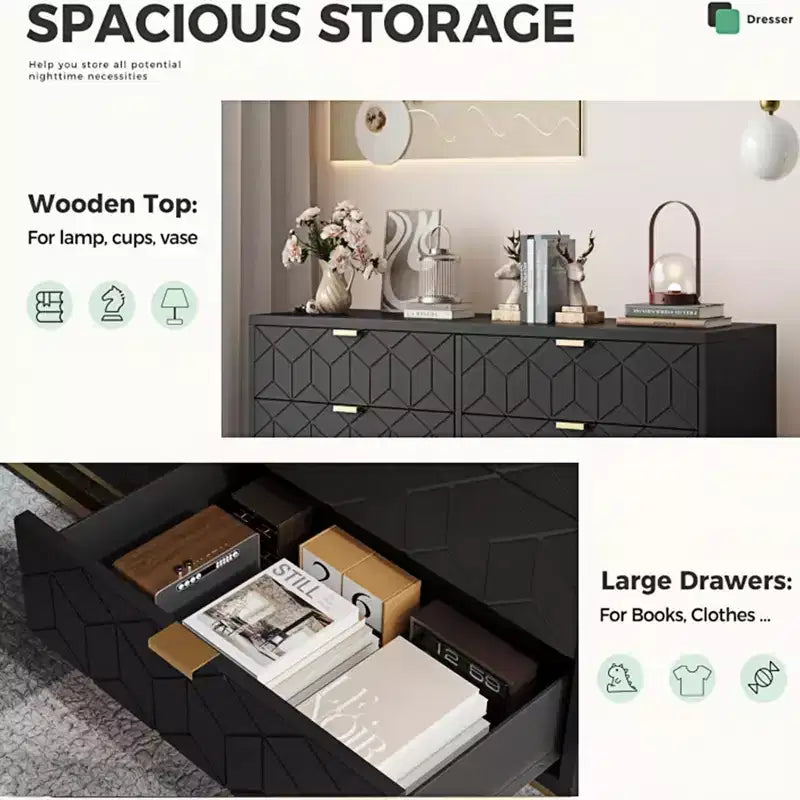 COZONY Commode moderne à 6 tiroirs avec poignées dorées, double commode de rangement large pour salon, chambre et couloir