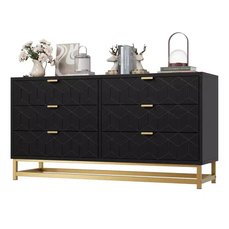 COZONY Commode moderne à 6 tiroirs avec poignées dorées, double commode de rangement large pour salon, chambre et couloir