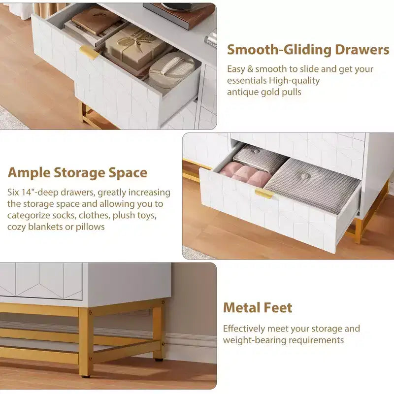 COZONY Commode moderne à 6 tiroirs avec poignées dorées, double commode de rangement large pour salon, chambre et couloir