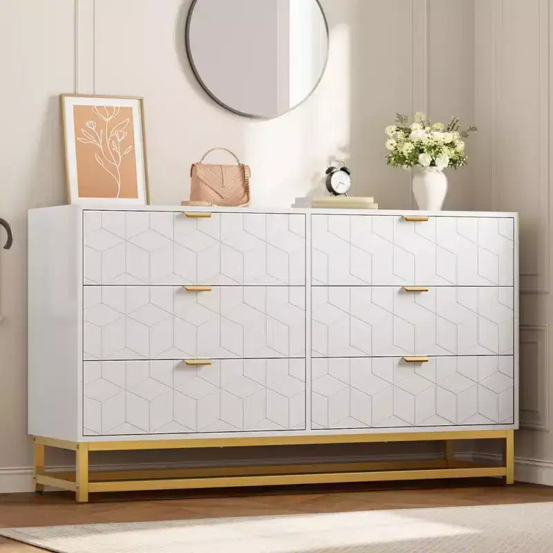 COZONY Commode moderne à 6 tiroirs avec poignées dorées, double commode de rangement large pour salon, chambre et couloir