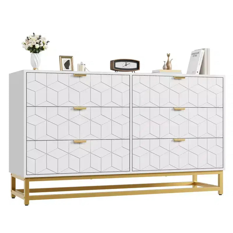 COZONY Commode moderne à 6 tiroirs avec poignées dorées, double commode de rangement large pour salon, chambre et couloir