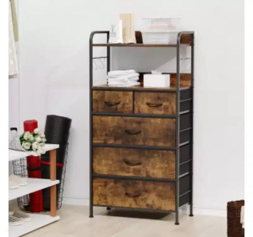 Commode à 5 tiroirs en tissu avec cadre en fer+MDF+PB, tissu non tissé cationique, motif peau de tigre