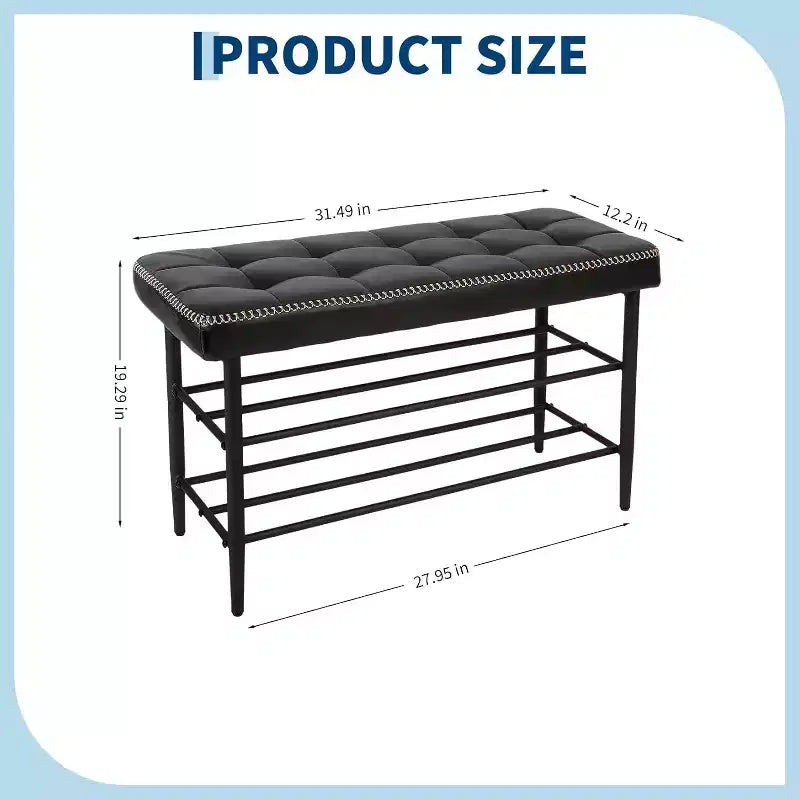 Banc à chaussures 3 niveaux mi-siècle moderne avec coussin Organisateur de rangement Capacité 136 kg Assise Cuir noir ciré, Noir ciré à l'huile