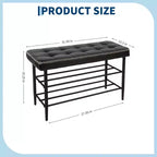 Banc à chaussures 3 niveaux mi-siècle moderne avec coussin Organisateur de rangement Capacité 136 kg Assise Cuir noir ciré, Noir ciré à l'huile