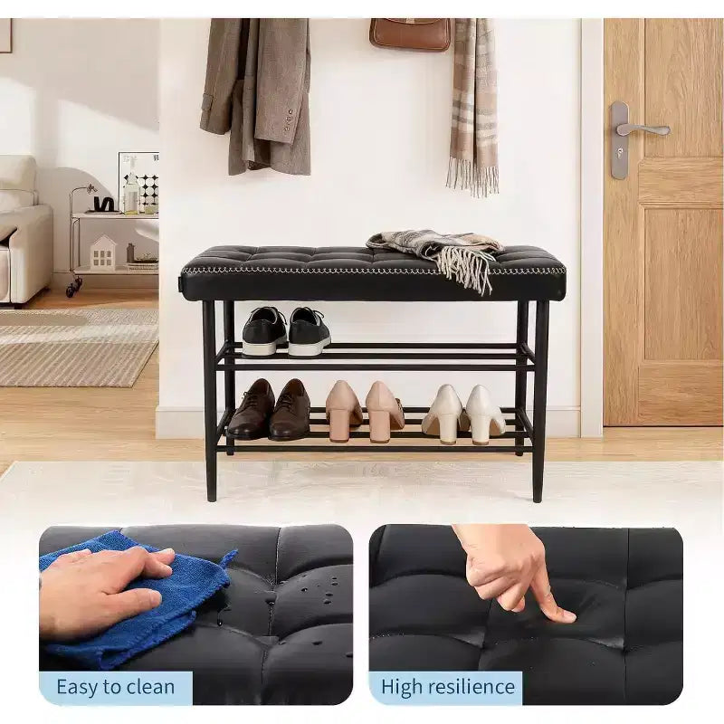 Banc à chaussures 3 niveaux mi-siècle moderne avec coussin Organisateur de rangement Capacité 136 kg Assise Cuir noir ciré, Noir ciré à l'huile