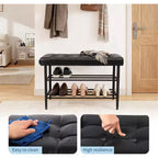 Banc à chaussures 3 niveaux mi-siècle moderne avec coussin Organisateur de rangement Capacité 136 kg Assise Cuir noir ciré, Noir ciré à l'huile