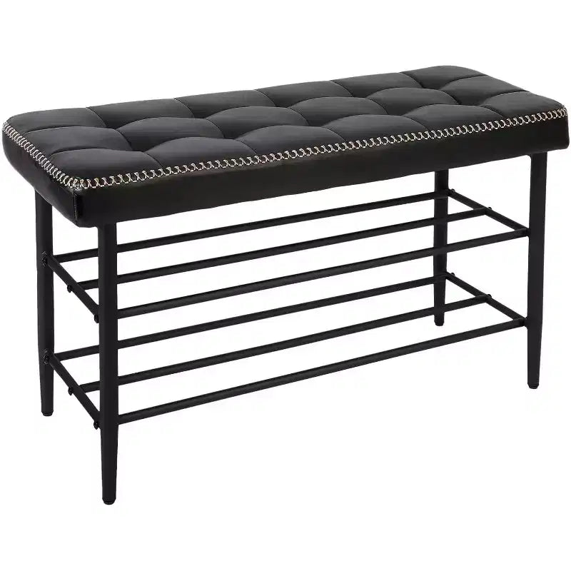 Banc à chaussures 3 niveaux mi-siècle moderne avec coussin Organisateur de rangement Capacité 136 kg Assise Cuir noir ciré, Noir ciré à l'huile