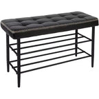 Banc à chaussures 3 niveaux mi-siècle moderne avec coussin Organisateur de rangement Capacité 136 kg Assise Cuir noir ciré, Noir ciré à l'huile