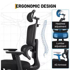 Chaise de bureau en maille à dossier haut GustoWave, soutien lombaire réglable, accoudoirs relevables 4D, appui-tête 3D, capacité de 136 kg, chaise de bureau pivotante avec roulettes en PU
