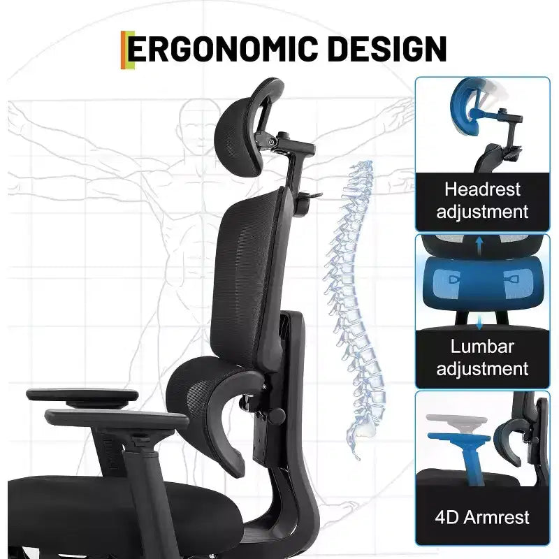 Chaise de bureau en maille à dossier haut GustoWave, soutien lombaire réglable, accoudoirs relevables 4D, appui-tête 3D, capacité de 136 kg, chaise de bureau pivotante avec roulettes en PU