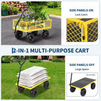 Chariot de jardin robuste en acier de 900 livres, Chariot de jardin sur roues, Chariot utilitaire extérieur en métal avec côtés amovibles en maille