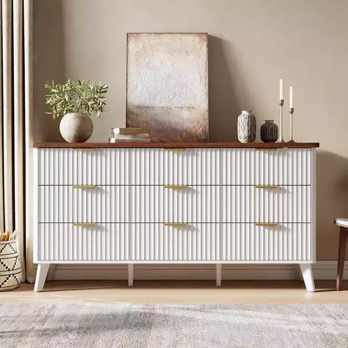 Acekool 9 Drawer Fluted Dresser 60 Wide, Modern Chest with Gold Handles, Curved Storage Organizer for Bedroom, Living Room, White