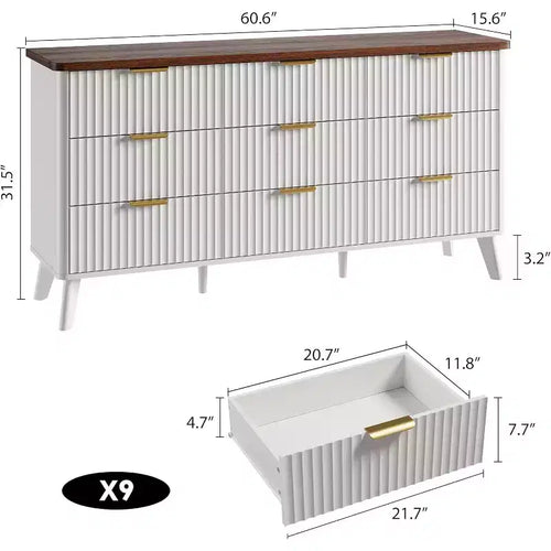 Commode cannelée Acekool à 9 tiroirs de 152 cm de large, commode moderne avec poignées dorées, organisateur de rangement incurvé pour chambre à coucher, salon, blanc