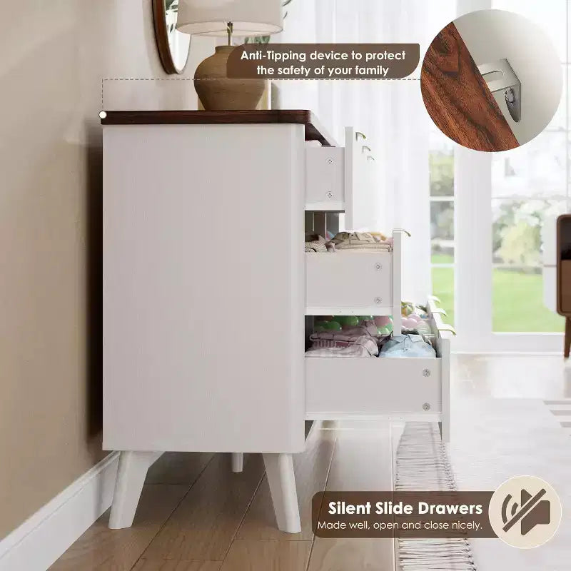 Commode cannelée Acekool à 9 tiroirs de 152 cm de large, commode moderne avec poignées dorées, organisateur de rangement incurvé pour chambre à coucher, salon, blanc