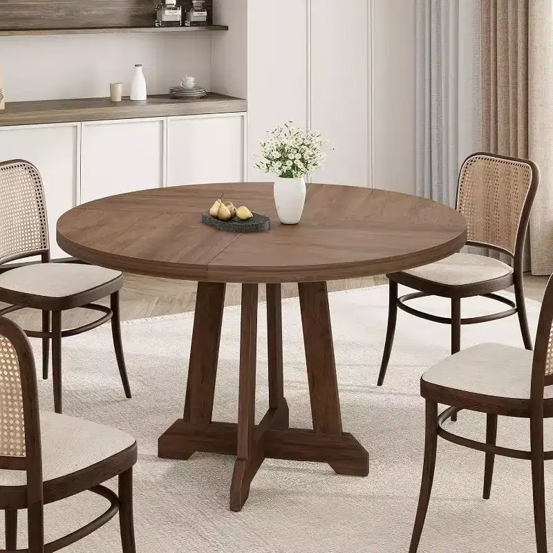 Table à manger ronde pour 4 personnes, table de salle à manger circulaire sur pied, meuble de cuisine et de salle à manger en bois peu encombrant, marron, diamètre 119 cm