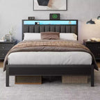 Lit queen size gris avec lumières LED, station de charge, tête de lit bibliothèque de rangement, lit plateforme rembourré, lattes métalliques, pas besoin de sommier.