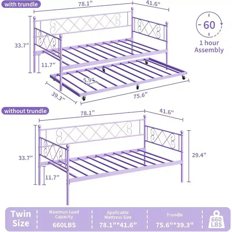 Lit de repos double violet avec lit gigogne, support à lattes en acier de qualité supérieure, canapé-lit peu encombrant pour salon, chambre, chambre d'amis